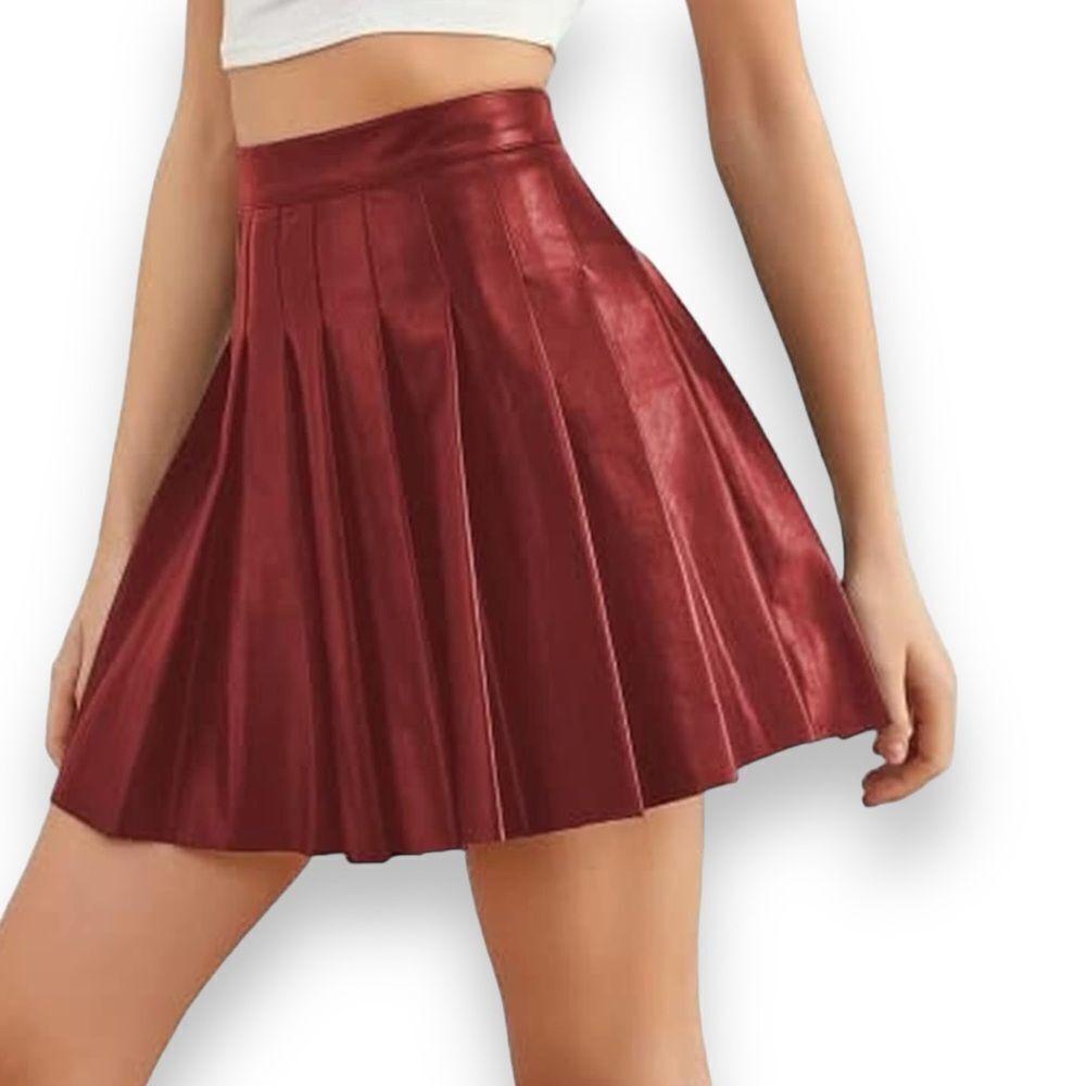 Red Faux Leather Pleated A-Line Mini Skirt -NEW
